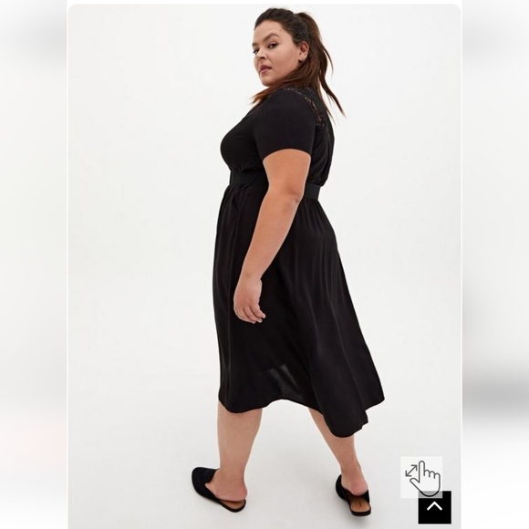 Torrid Black Belted Stretch Challis Lace Insert Midi Surplice Shirt Dress - Picture 2 of 9